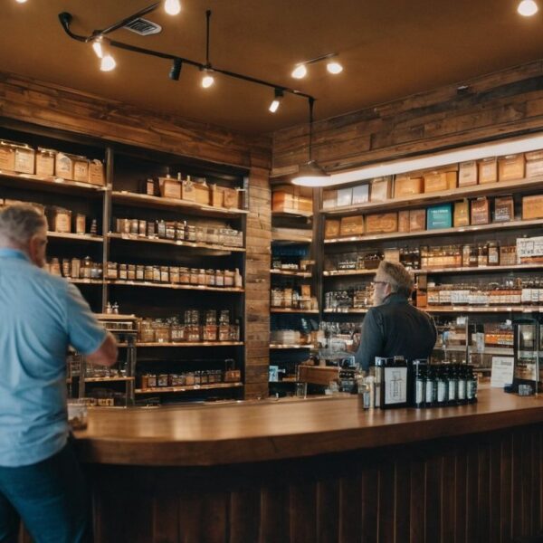 A cozy wooden interior of a smoke shop with shelves full of jars and one customer.