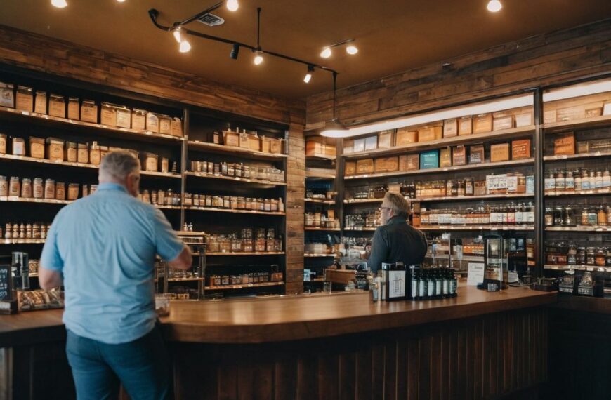 A cozy wooden interior of a smoke shop with shelves full of jars and one customer.