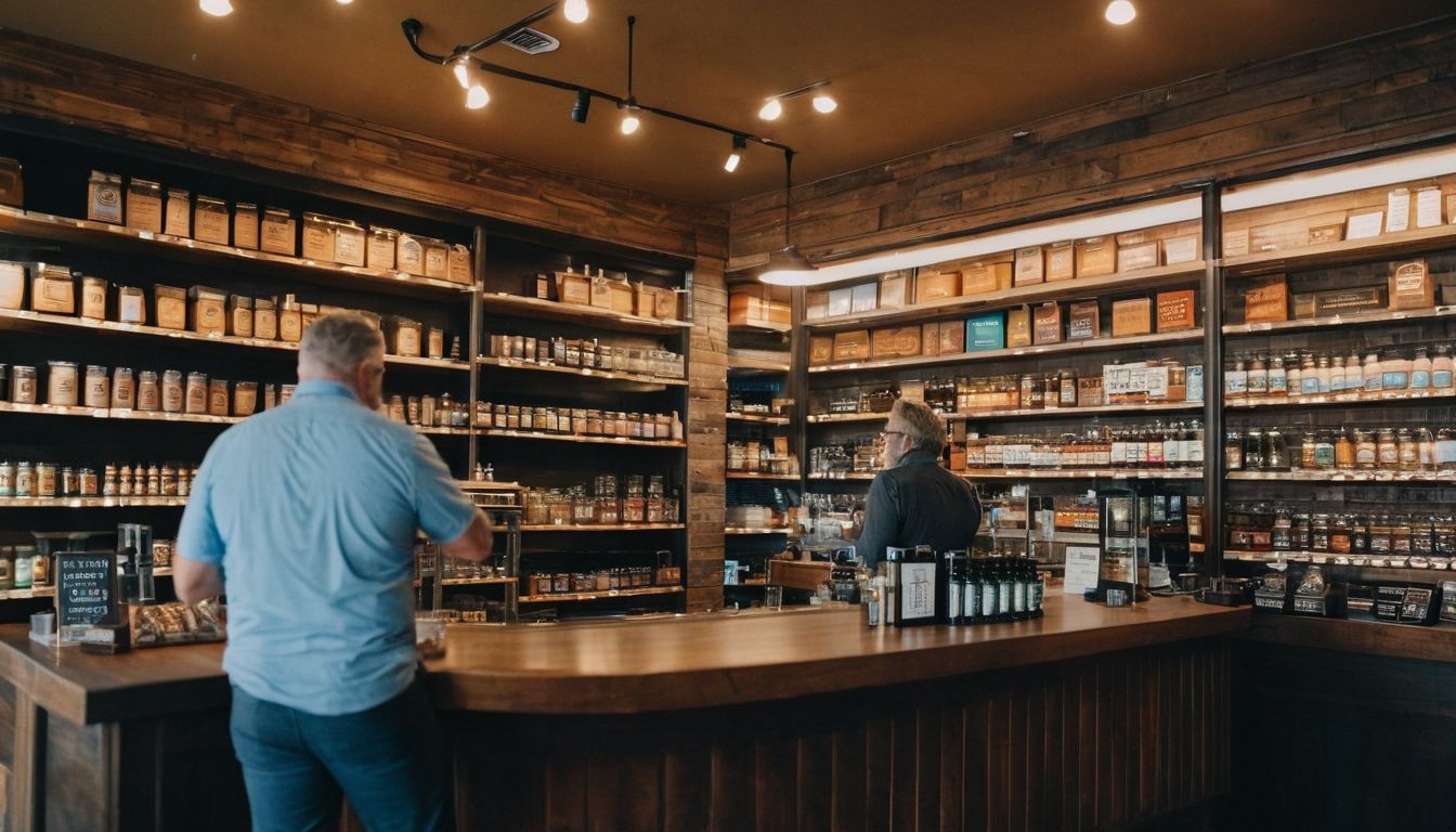 A cozy wooden interior of a smoke shop with shelves full of jars and one customer.