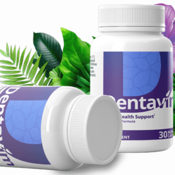 Dentavim oral health supplement bottle with a capsule and fresh, natural ingredients like kale, hibiscus, and citrus on a light background. Promotes stronger gums, fresh breath, and bright teeth with plant-based nutrients