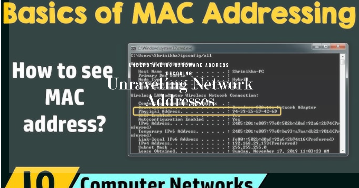 A computer screen displaying the command prompt window with the output of the "ipconfig /all" command. The command prompt is in a black background with white text. The output shows details about the network adapter, including the MAC address, IP address, and subnet mask.